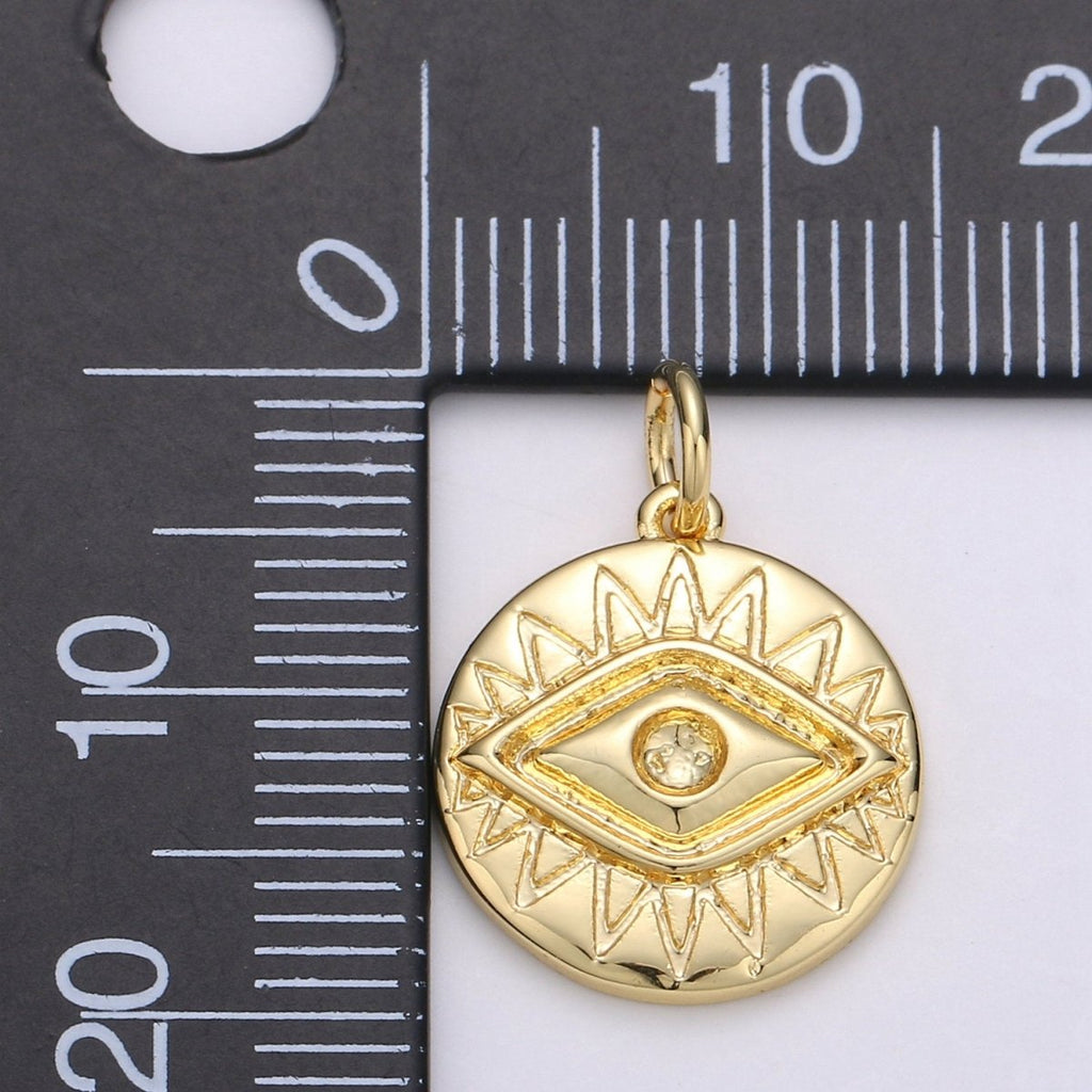 24K Gold plated Evil Eye Round Circle Charm Medallion Coin Round , Eye of Ra Charm for Necklace D-686 - DLUXCA
