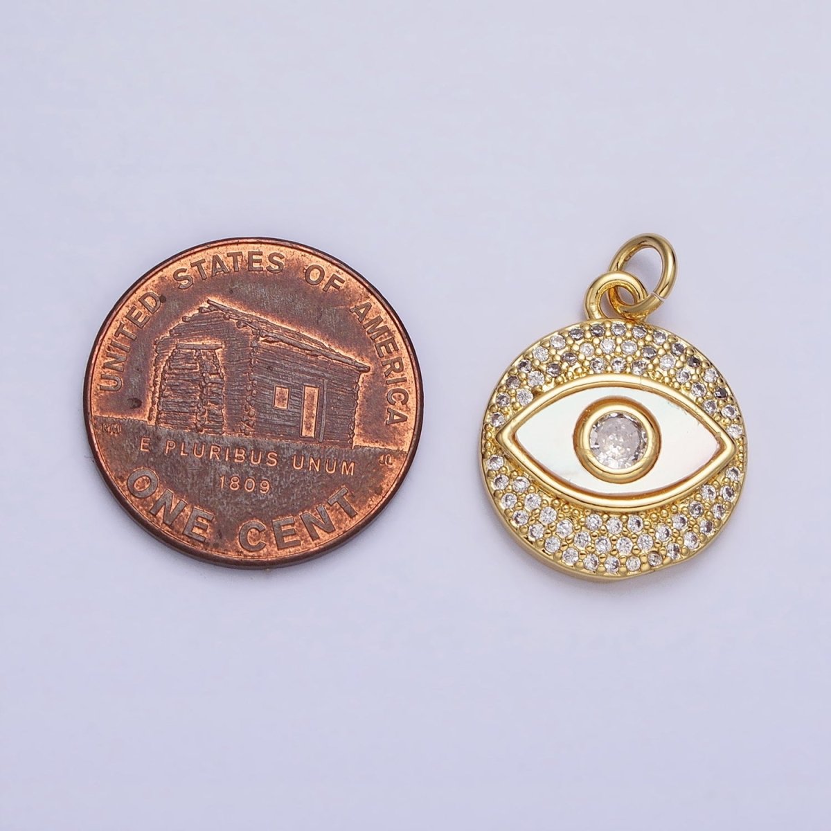 24K Gold plated Evil Eye Shell Pearl Clear Micro Paved CZ Round Charm | AC590 - DLUXCA