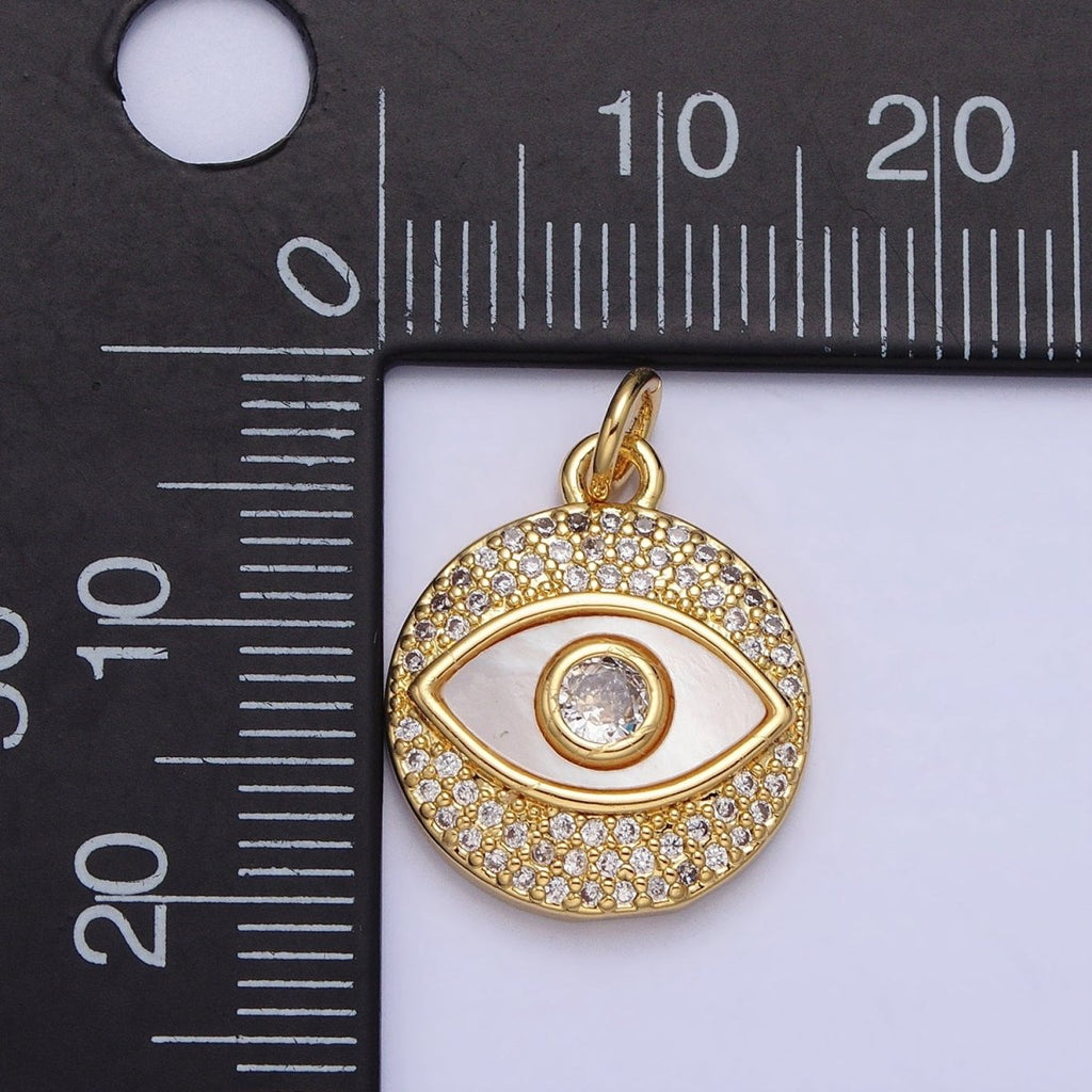 24K Gold plated Evil Eye Shell Pearl Clear Micro Paved CZ Round Charm | AC590 - DLUXCA