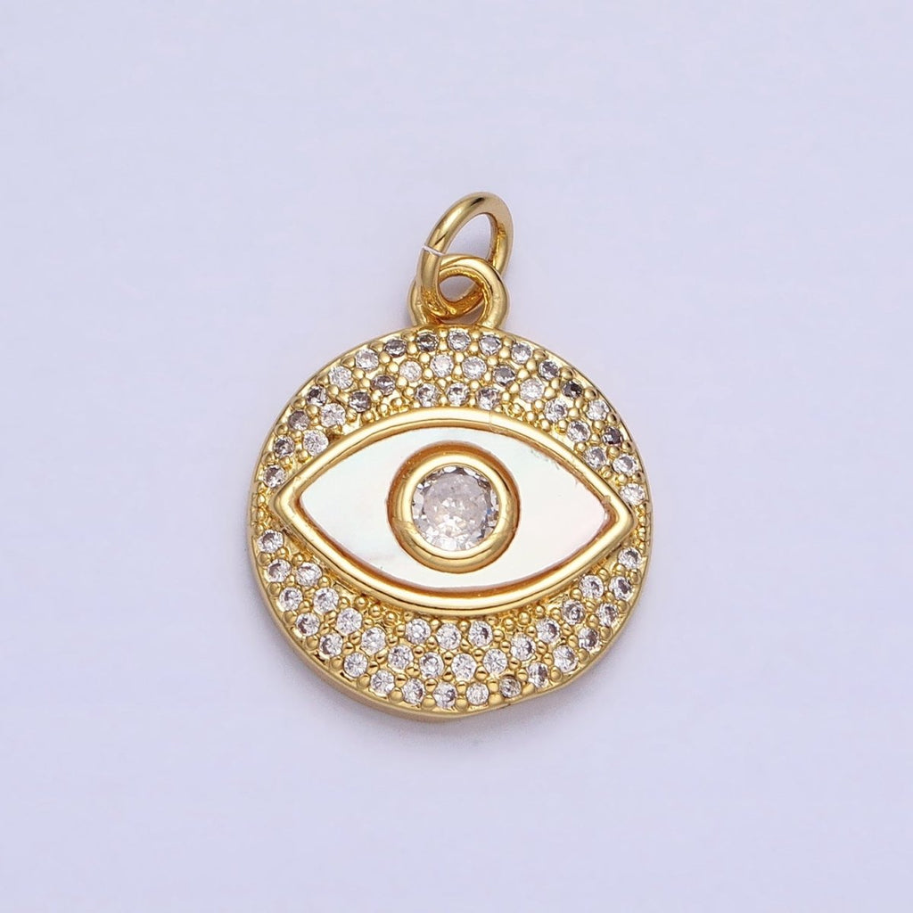 24K Gold plated Evil Eye Shell Pearl Clear Micro Paved CZ Round Charm | AC590 - DLUXCA