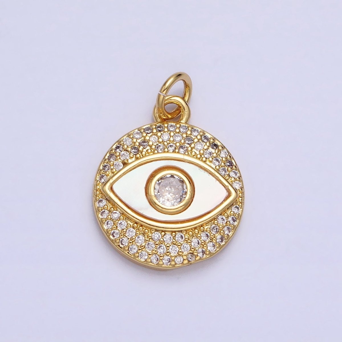 24K Gold plated Evil Eye Shell Pearl Clear Micro Paved CZ Round Charm | AC590 - DLUXCA