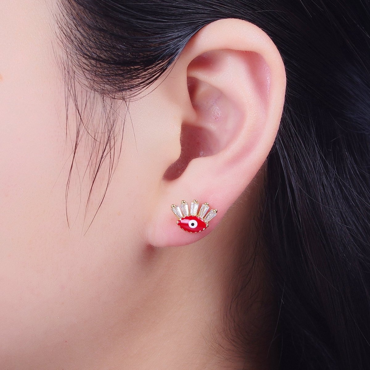 24K Gold plated Evil Eye Stud Earrings, Blue Red Black Enamel Protection Eye of Ra Jewelry P-388 P-389 P-390 - DLUXCA