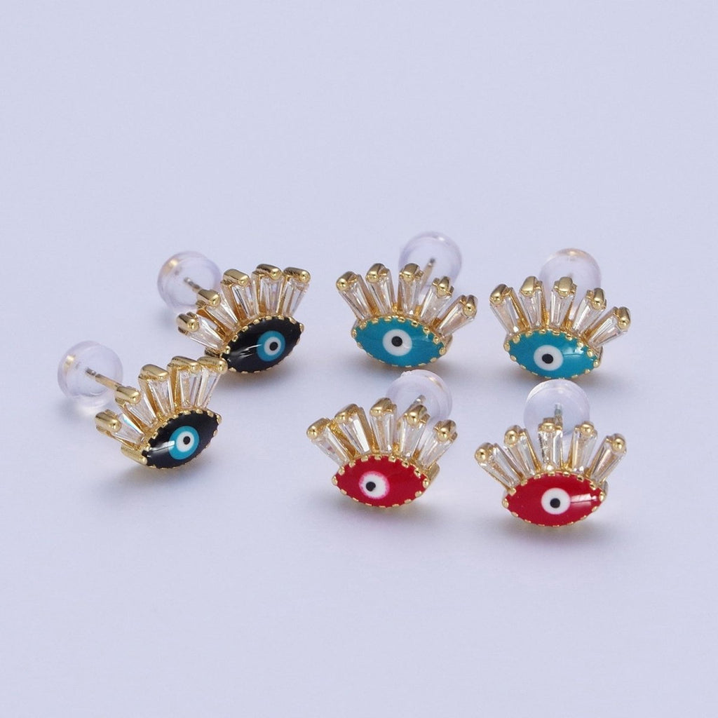 24K Gold plated Evil Eye Stud Earrings, Blue Red Black Enamel Protection Eye of Ra Jewelry P-388 P-389 P-390 - DLUXCA
