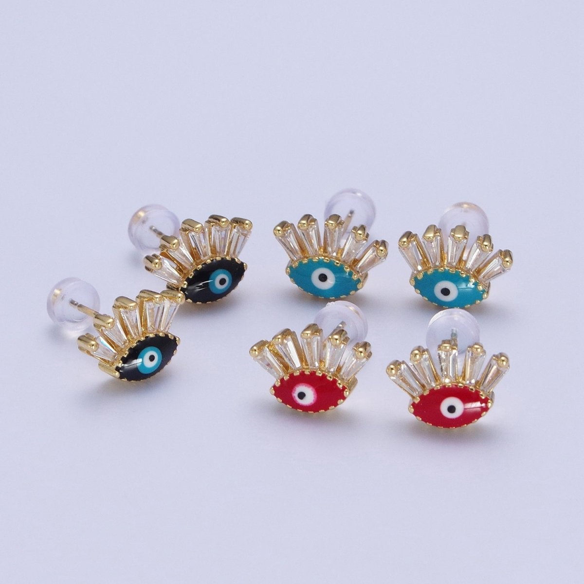 24K Gold plated Evil Eye Stud Earrings, Blue Red Black Enamel Protection Eye of Ra Jewelry P-388 P-389 P-390 - DLUXCA