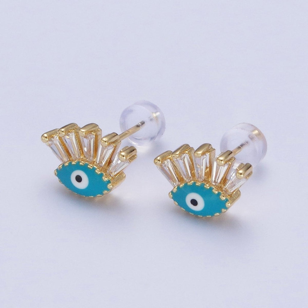 24K Gold plated Evil Eye Stud Earrings, Blue Red Black Enamel Protection Eye of Ra Jewelry P-388 P-389 P-390 - DLUXCA