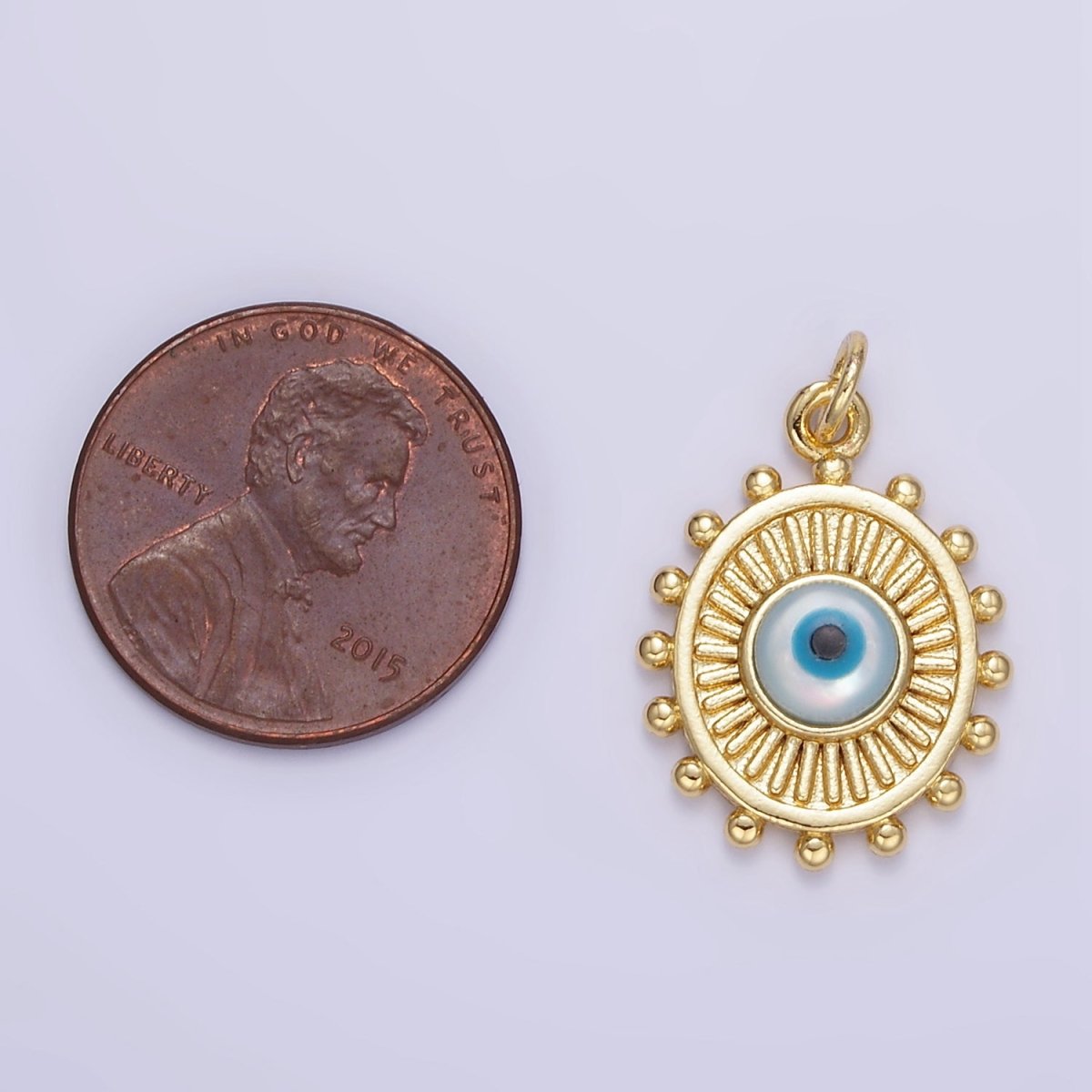 24K Gold plated Evil Eye Sunburst Dotted Bezel Oval Charm | E364 - DLUXCA