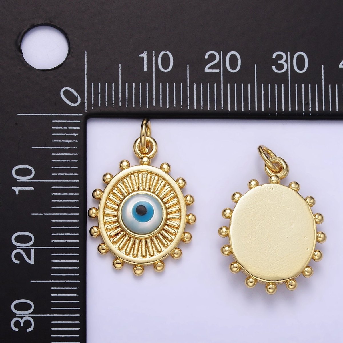 24K Gold plated Evil Eye Sunburst Dotted Bezel Oval Charm | E364 - DLUXCA