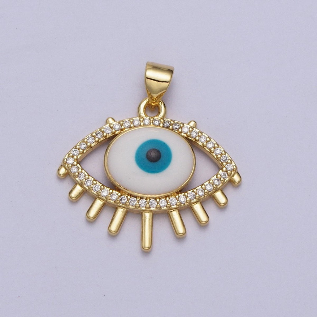 24K Gold plated Evil Eye White, Blue Enamel Micro Paved CZ Pendant H-304 H-305