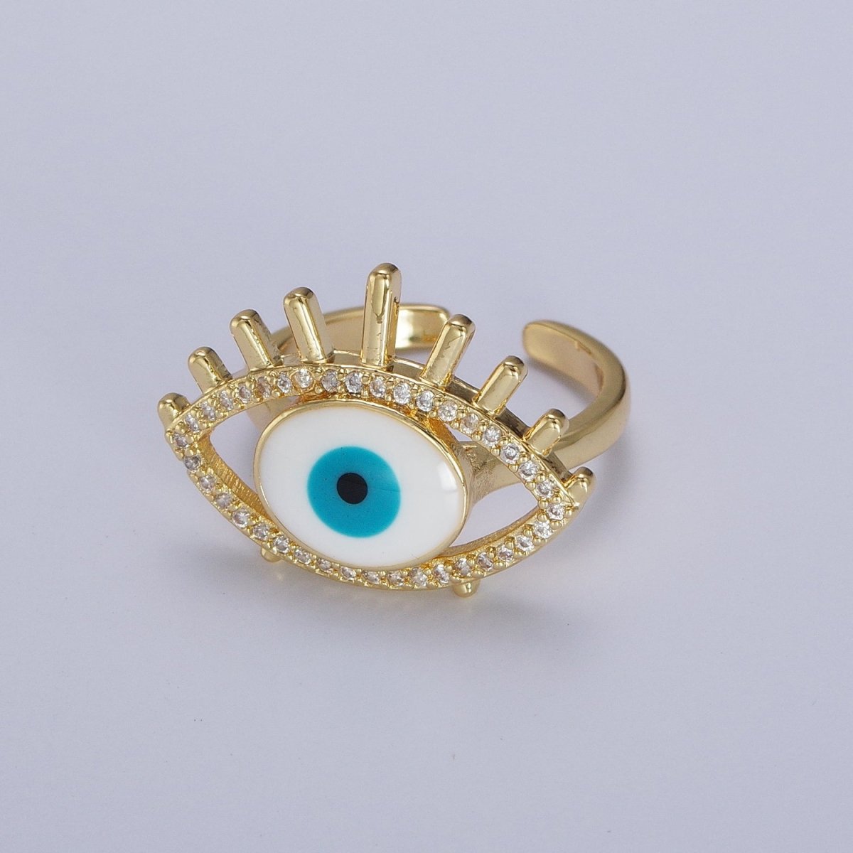 24K Gold plated Evil Eye White, Blue Enamel Micro Paved CZ Ring | O-197 O-198