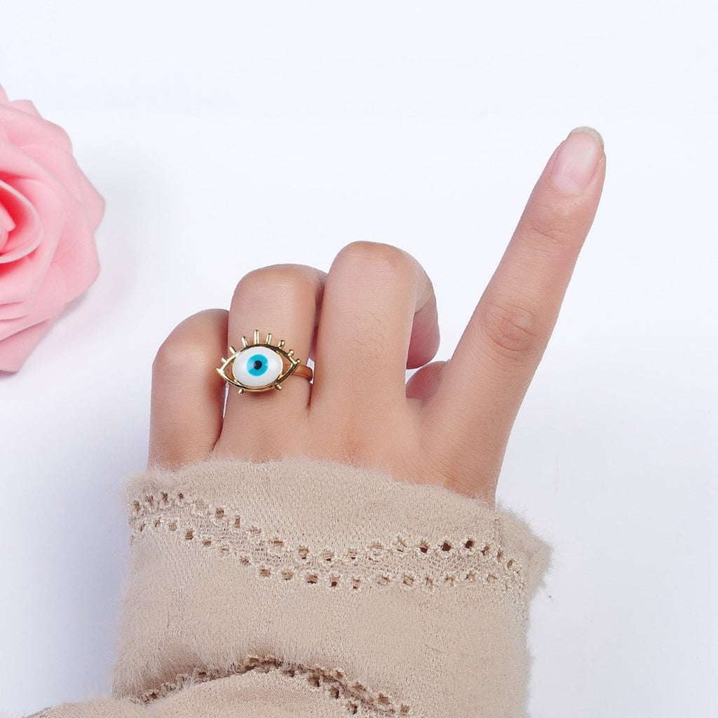 24K Gold plated Evil Eye White, Blue Enamel Micro Paved CZ Ring | O-197 O-198