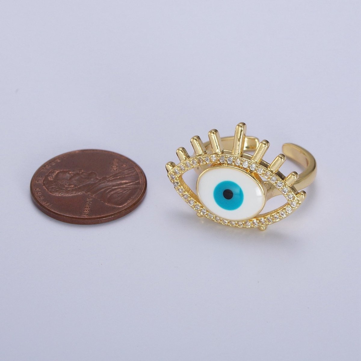 24K Gold plated Evil Eye White, Blue Enamel Micro Paved CZ Ring | O-197 O-198