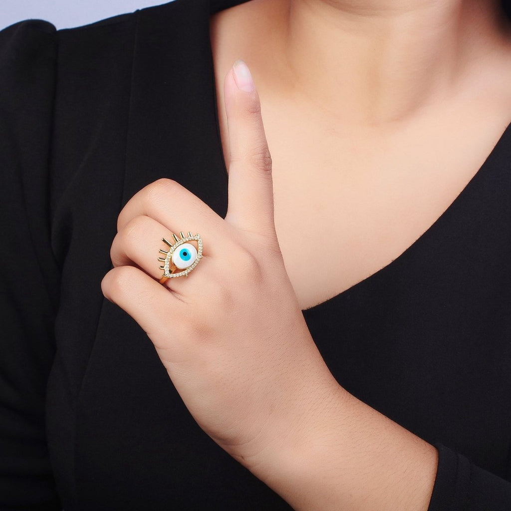 24K Gold plated Evil Eye White, Blue Enamel Micro Paved CZ Ring | O-197 O-198