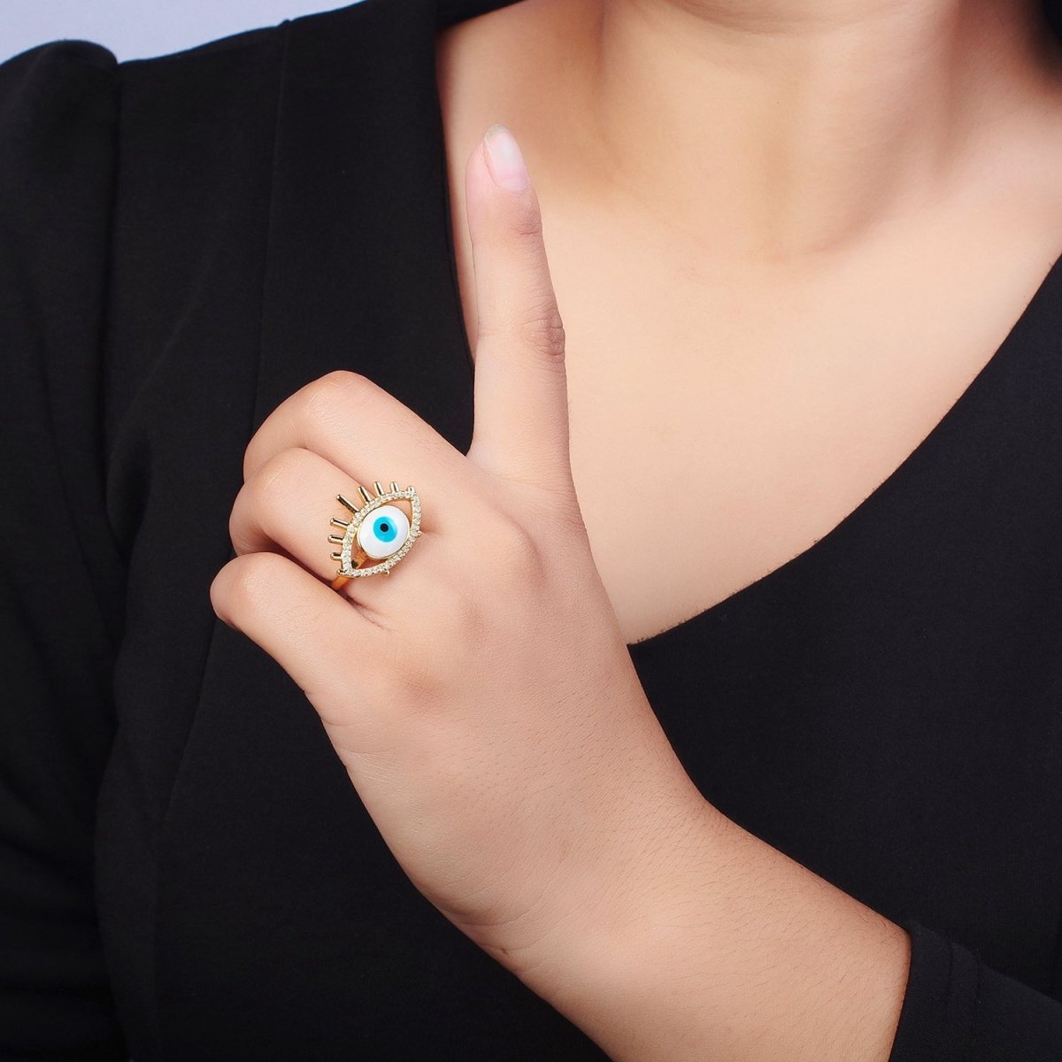 24K Gold plated Evil Eye White, Blue Enamel Micro Paved CZ Ring | O-197 O-198
