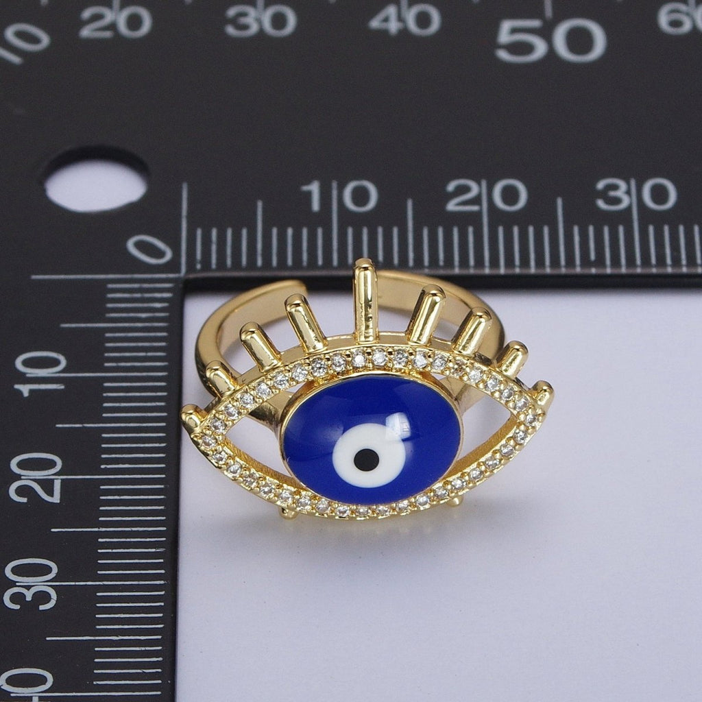 24K Gold plated Evil Eye White, Blue Enamel Micro Paved CZ Ring | O-197 O-198