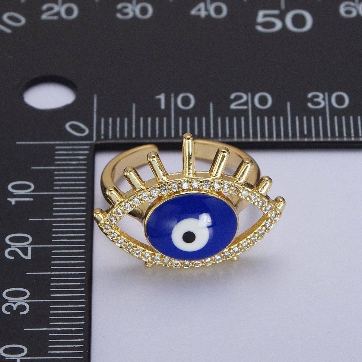 24K Gold plated Evil Eye White, Blue Enamel Micro Paved CZ Ring | O-197 O-198