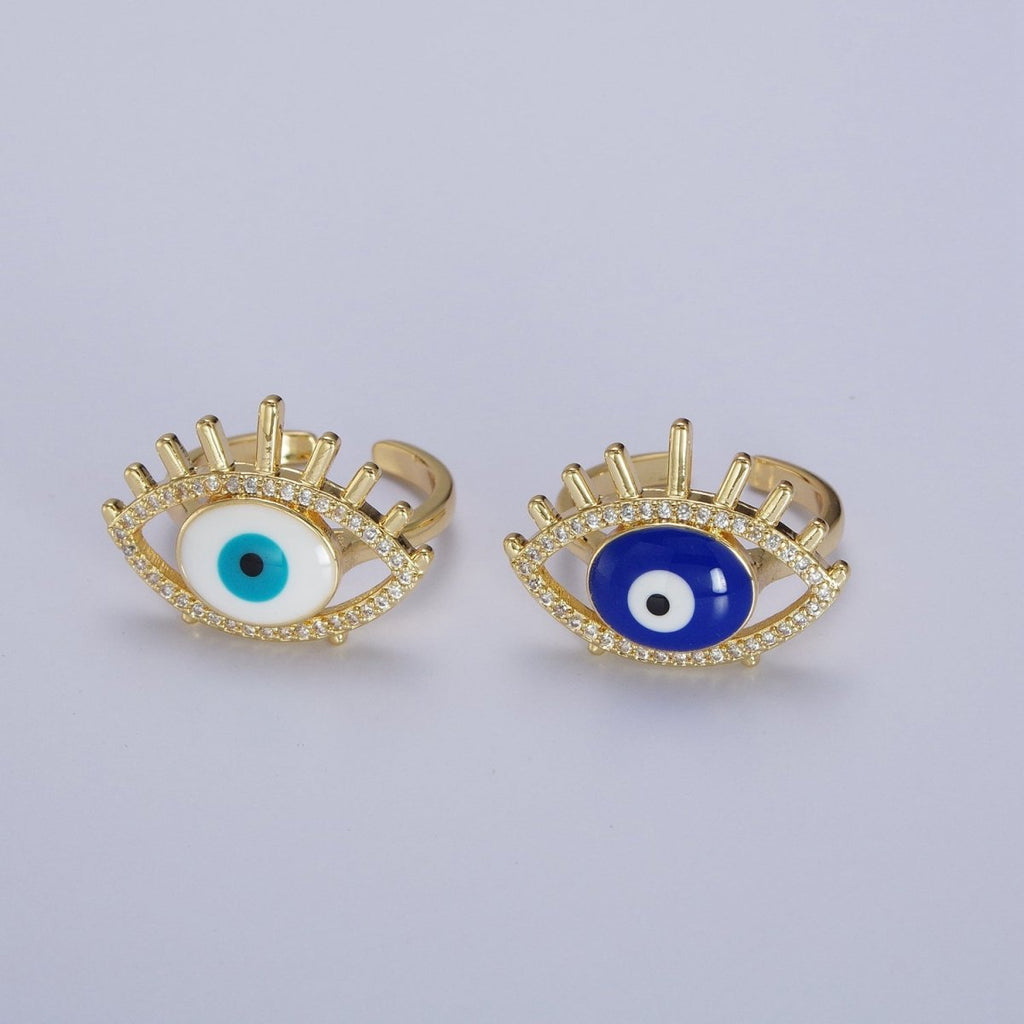 24K Gold plated Evil Eye White, Blue Enamel Micro Paved CZ Ring | O-197 O-198