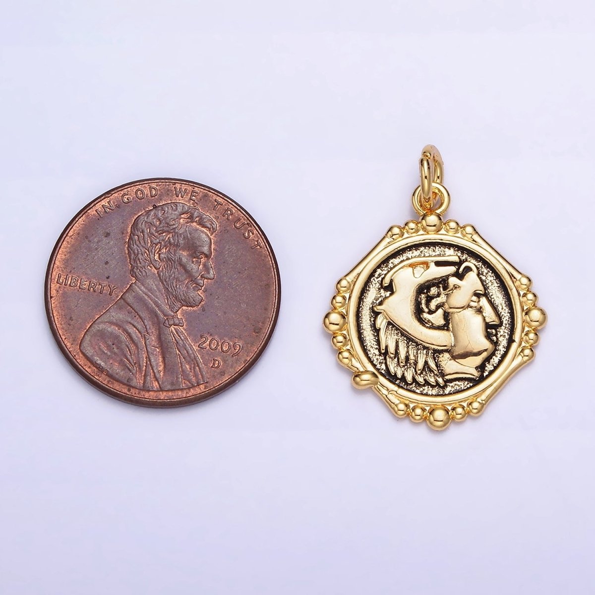 24K Gold plated Face Portrait Textured Stamped Round Bubble Charm | AC1440 - DLUXCA