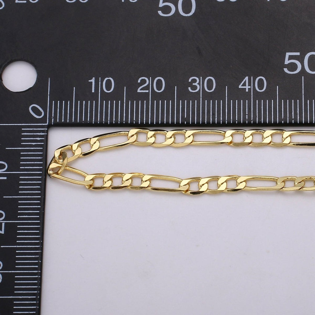 24K Gold plated Figaro Chain By Yard, 3.8mm Wide Figaro Curb Linked Chain by Yard, Wholesale Roll Chain, For DIY Craft | ROLL-360 Clearance Pricing - DLUXCA
