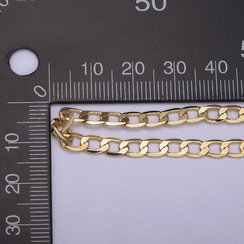 24K Gold plated Figaro Curb Chain, 4.5mm Width Flat Figaro Unfinished Chain in Silver & Gold For Jewelry Making | ROLL-672, ROLL-673 Clearance Pricing
