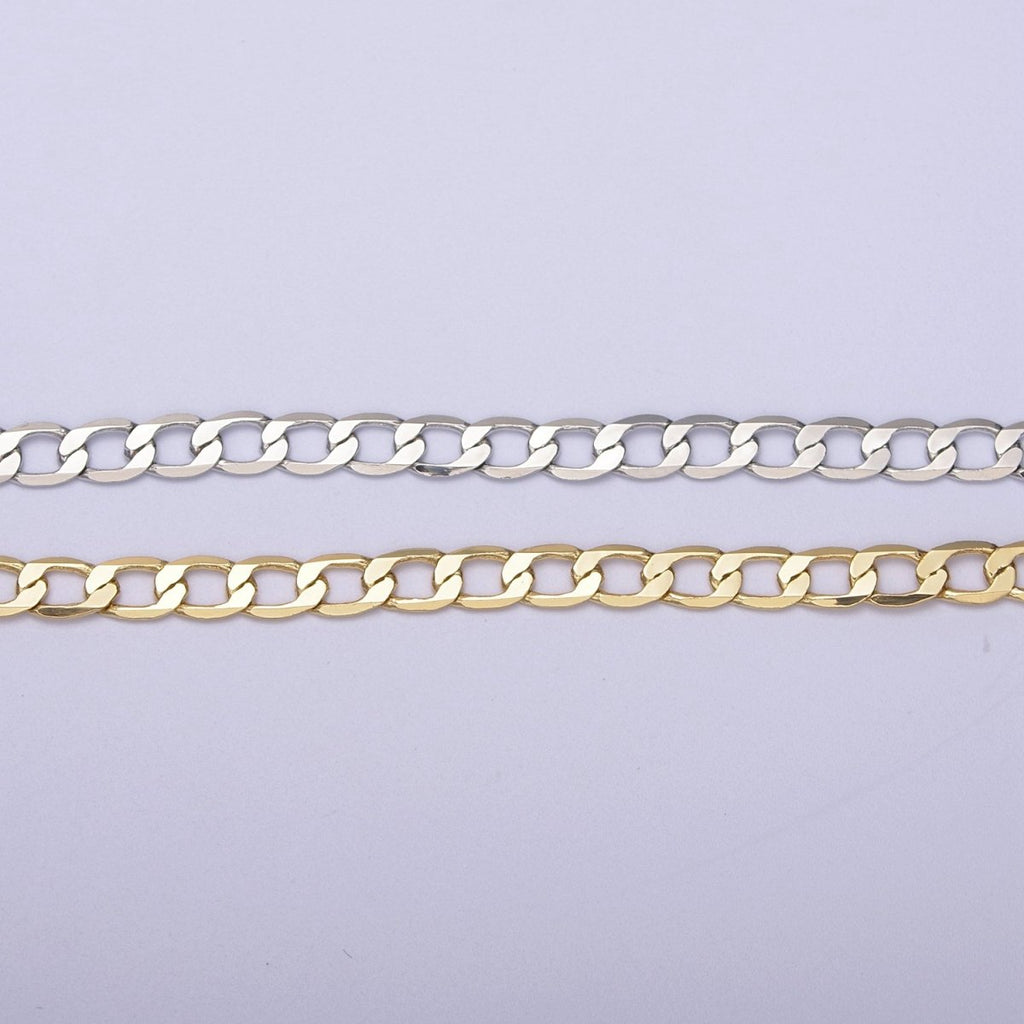 24K Gold plated Figaro Curb Chain, 4.5mm Width Flat Figaro Unfinished Chain in Silver & Gold For Jewelry Making | ROLL-672, ROLL-673 Clearance Pricing