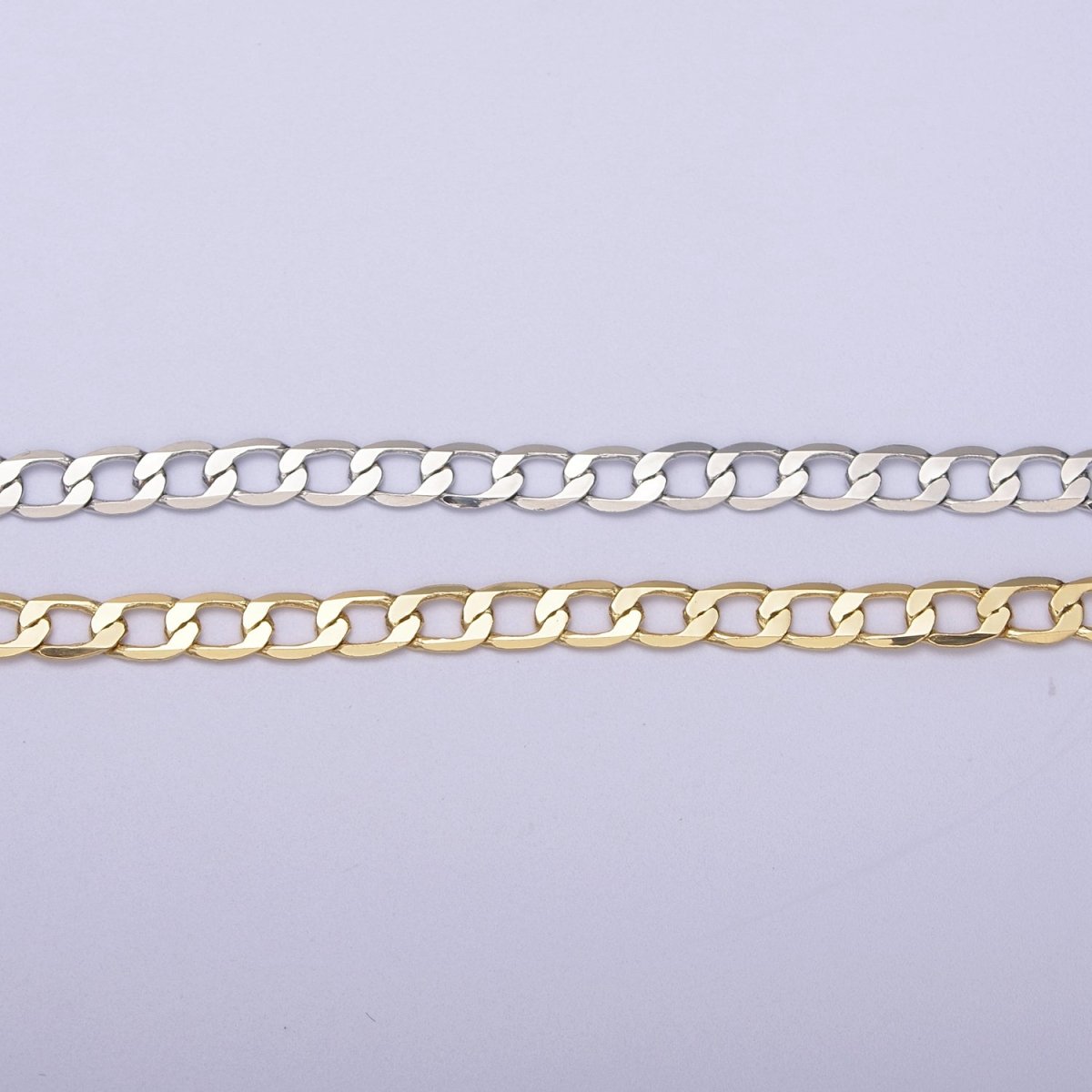 24K Gold plated Figaro Curb Chain, 4.5mm Width Flat Figaro Unfinished Chain in Silver & Gold For Jewelry Making | ROLL-672, ROLL-673 Clearance Pricing