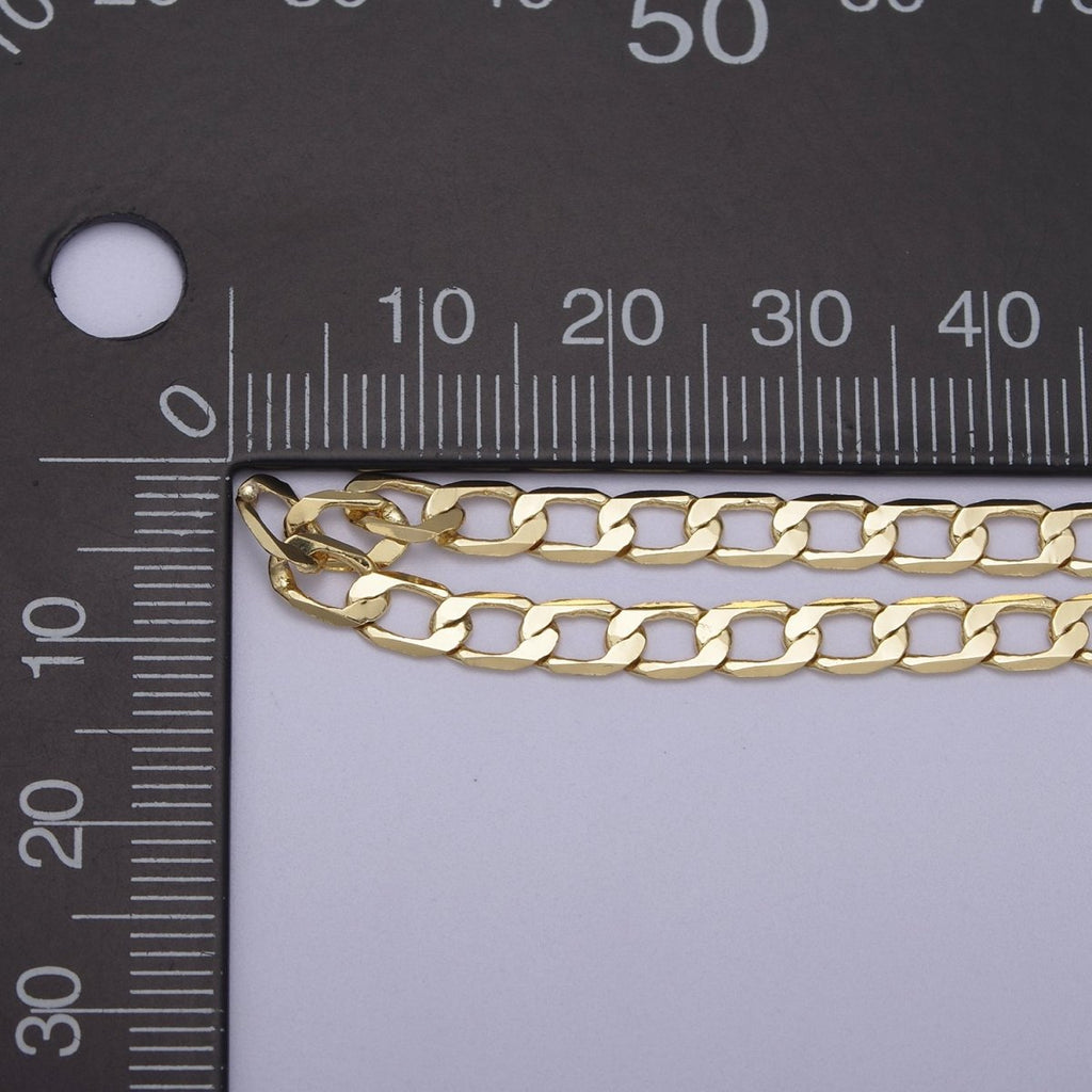 24K Gold plated Figaro Curb Chain, 4mm Flat Curb Unfinished Chain in Gold & Silver For Jewelry Making | ROLL-666, ROLL-667 Clearance Pricing