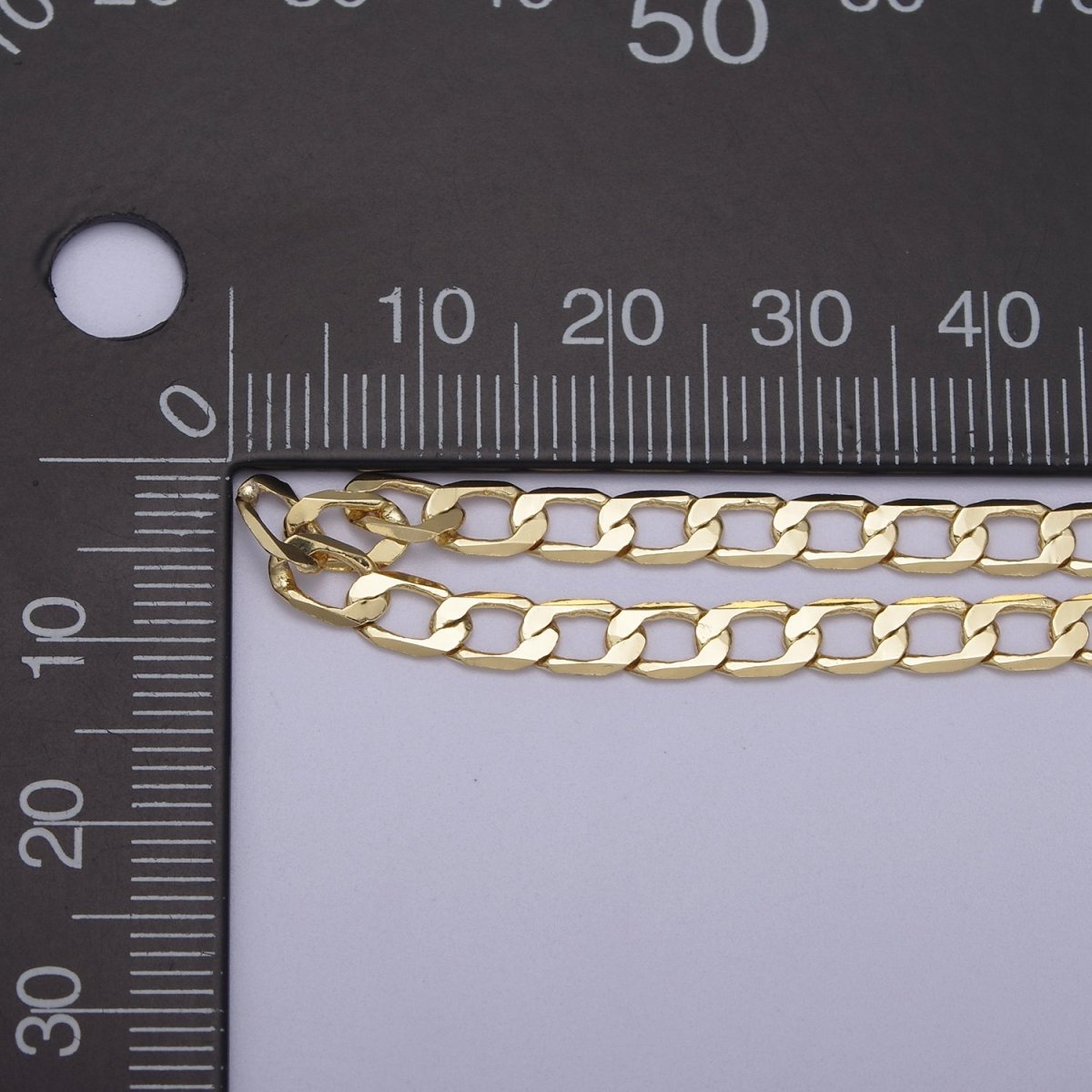 24K Gold plated Figaro Curb Chain, 4mm Flat Curb Unfinished Chain in Gold & Silver For Jewelry Making | ROLL-666, ROLL-667 Clearance Pricing