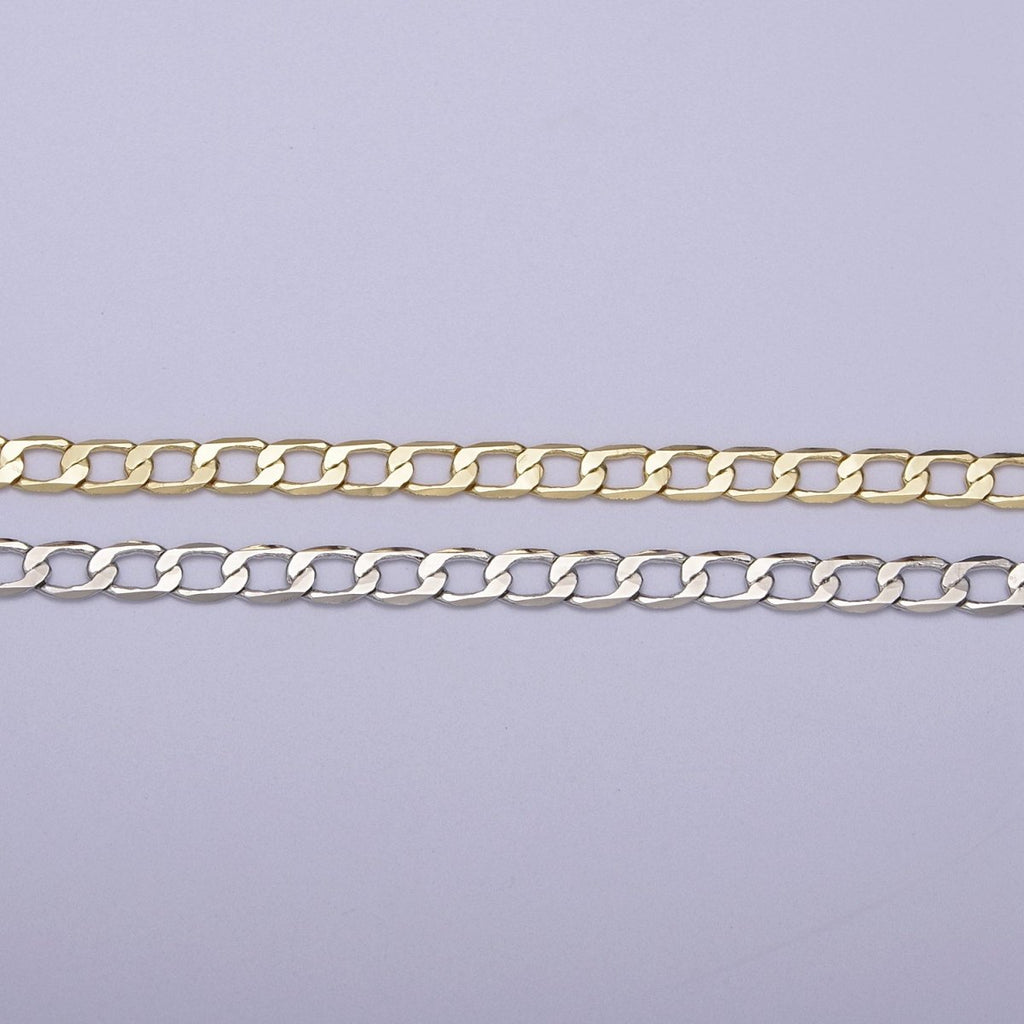 24K Gold plated Figaro Curb Chain, 4mm Flat Curb Unfinished Chain in Gold & Silver For Jewelry Making | ROLL-666, ROLL-667 Clearance Pricing