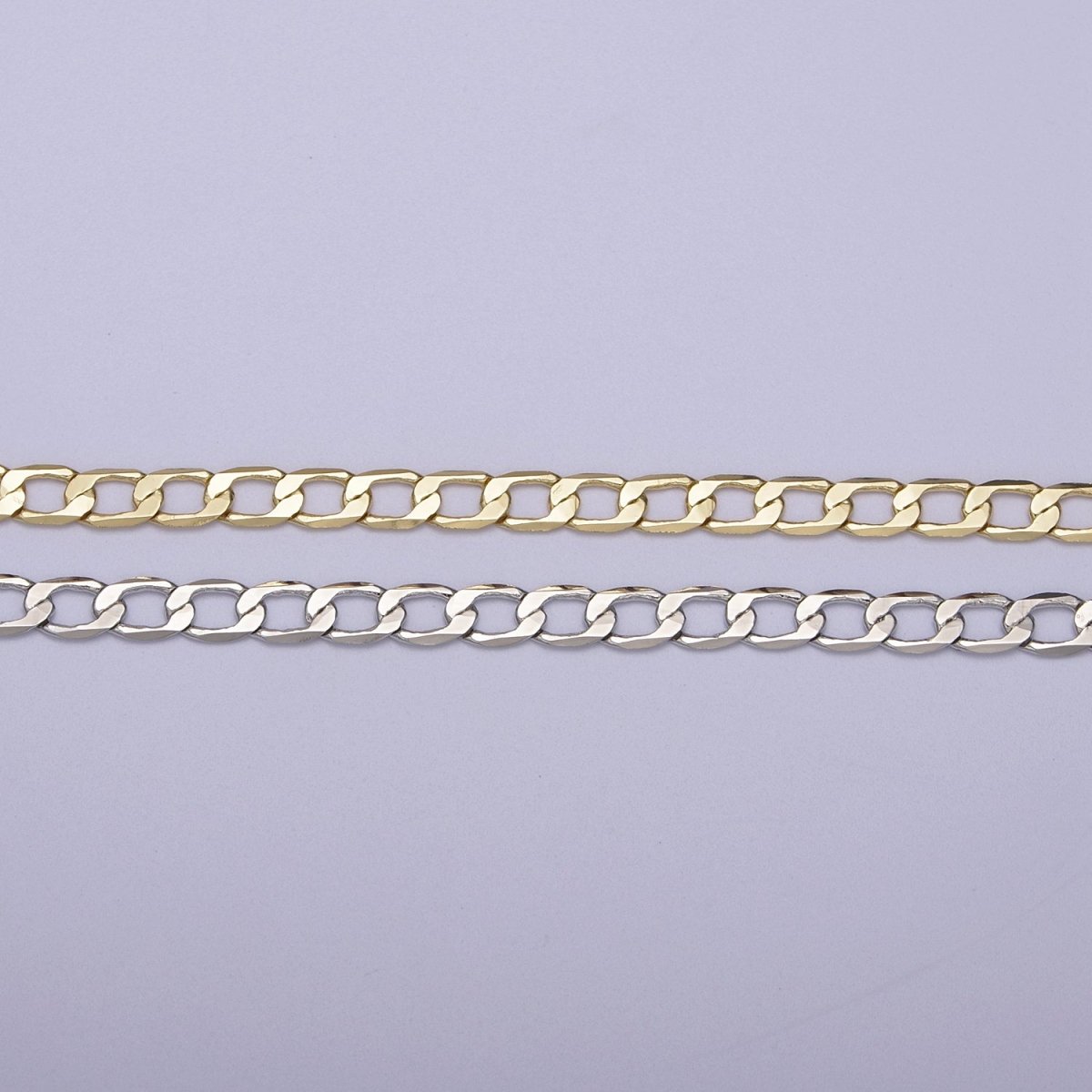 24K Gold plated Figaro Curb Chain, 4mm Flat Curb Unfinished Chain in Gold & Silver For Jewelry Making | ROLL-666, ROLL-667 Clearance Pricing