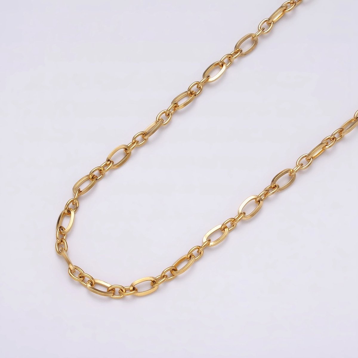 24K Gold plated Figaro Long and Short Fancy Chain 3.5 mm Dainty Cable Link Unfinished Chain by Yard | ROLL-1295 ROLL-1296 Clearance Pricing - DLUXCA