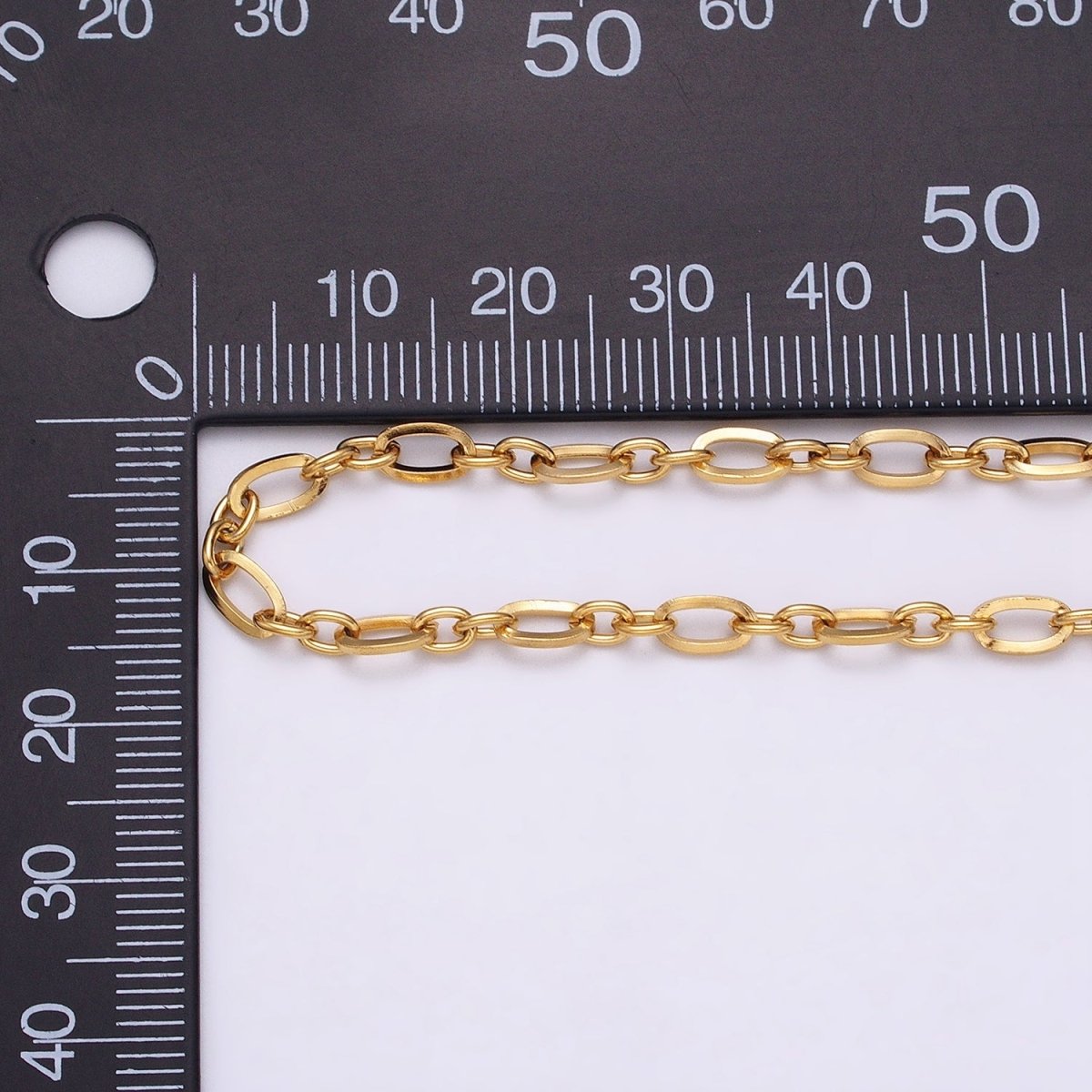 24K Gold plated Figaro Long and Short Fancy Chain 3.5 mm Dainty Cable Link Unfinished Chain by Yard | ROLL-1295 ROLL-1296 Clearance Pricing - DLUXCA