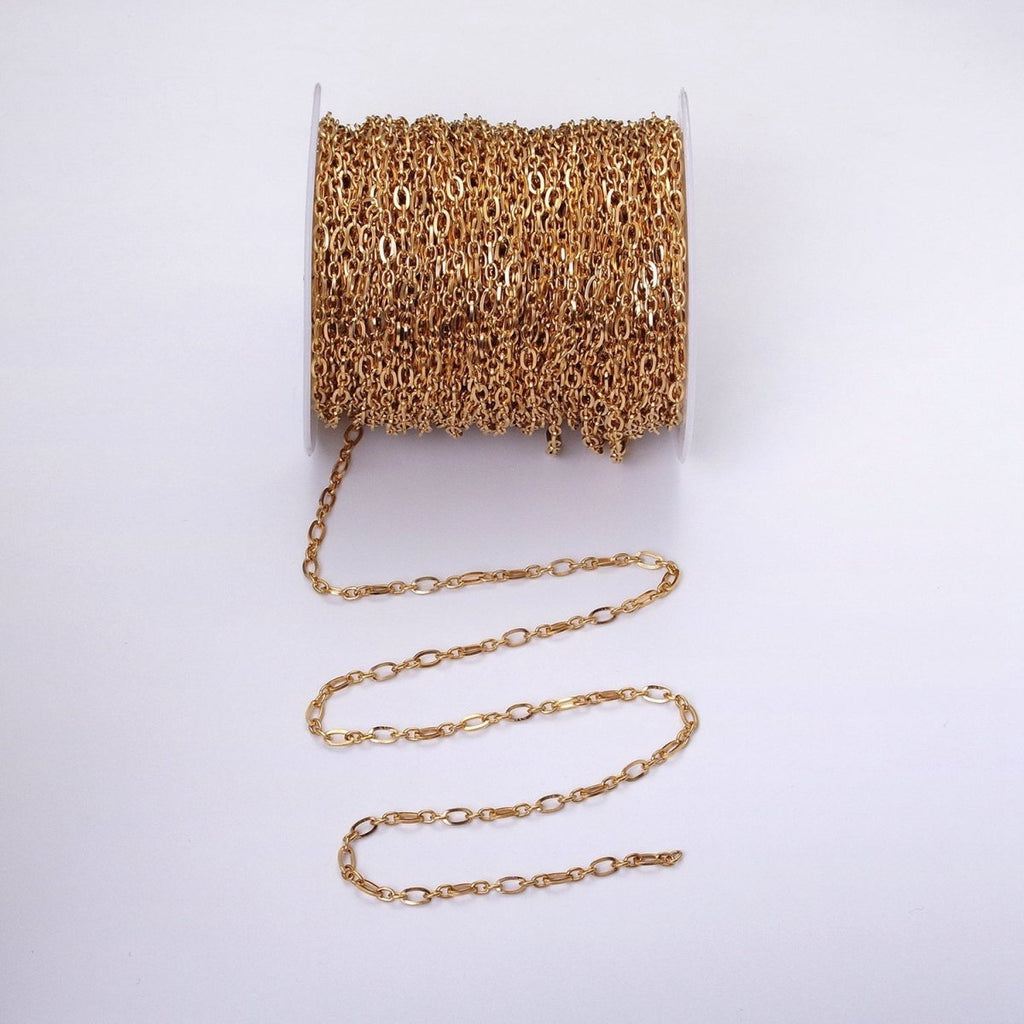24K Gold plated Figaro Long and Short Fancy Chain 3.5 mm Dainty Cable Link Unfinished Chain by Yard | ROLL-1295 ROLL-1296 Clearance Pricing - DLUXCA