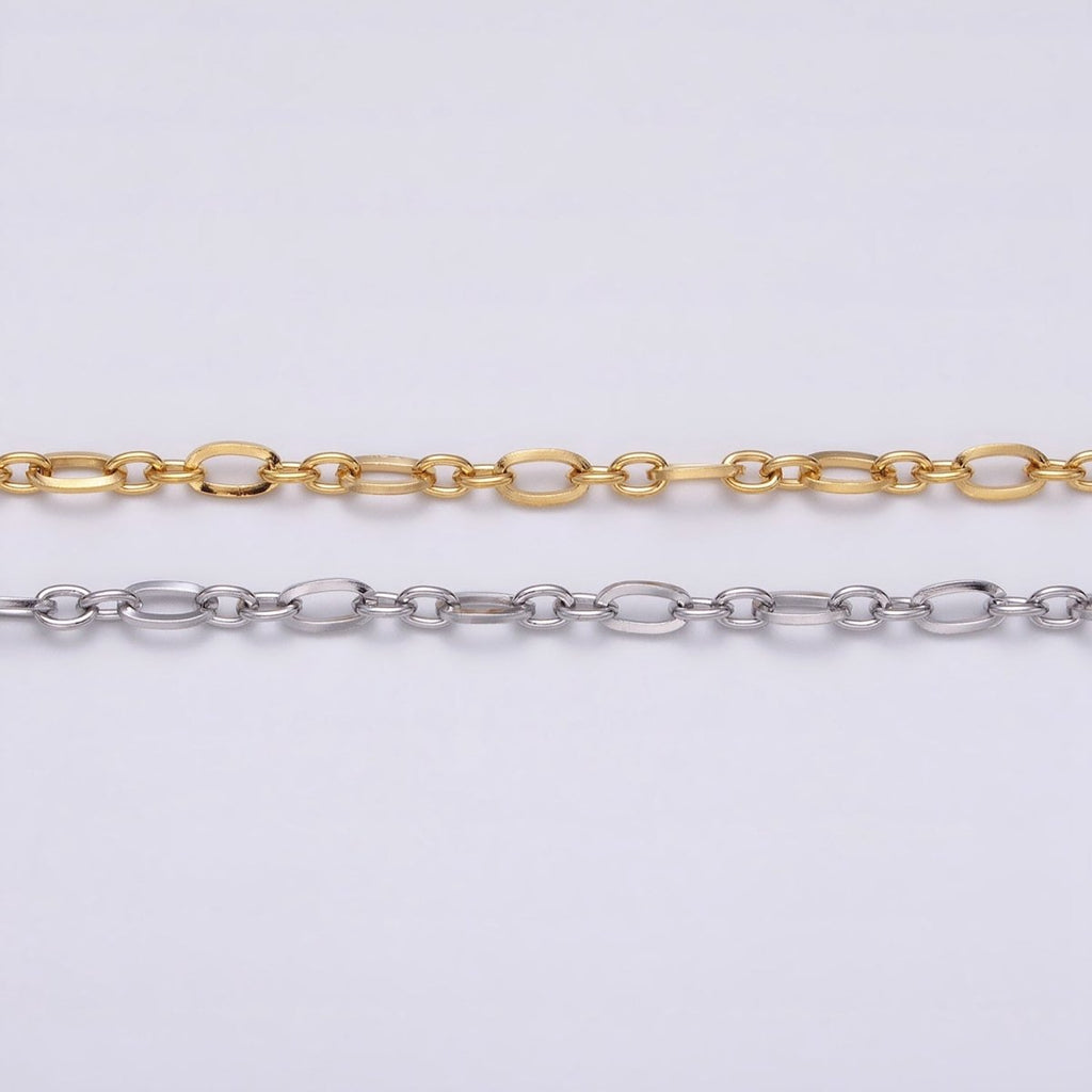 24K Gold plated Figaro Long and Short Fancy Chain 3.5 mm Dainty Cable Link Unfinished Chain by Yard | ROLL-1295 ROLL-1296 Clearance Pricing - DLUXCA