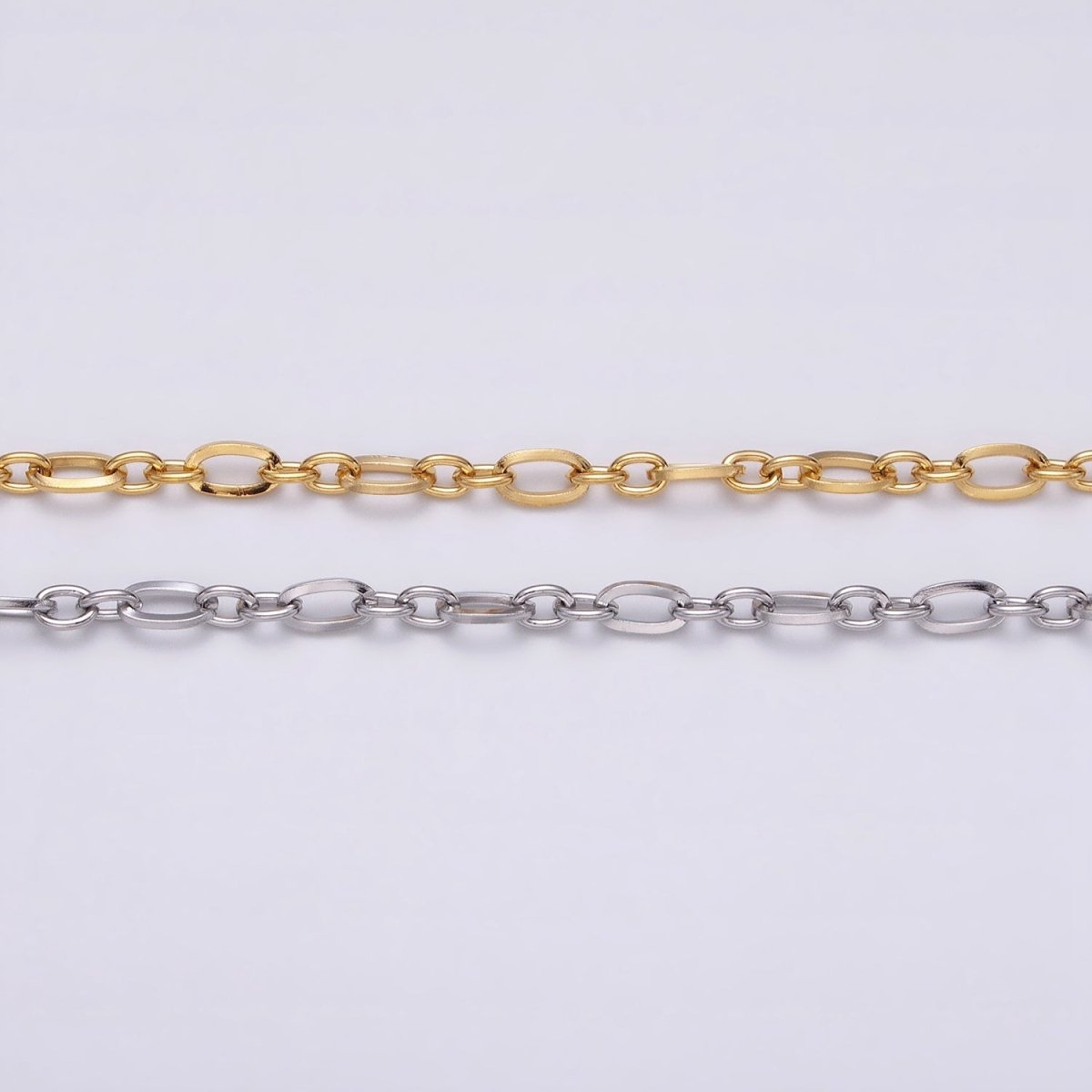 24K Gold plated Figaro Long and Short Fancy Chain 3.5 mm Dainty Cable Link Unfinished Chain by Yard | ROLL-1295 ROLL-1296 Clearance Pricing - DLUXCA