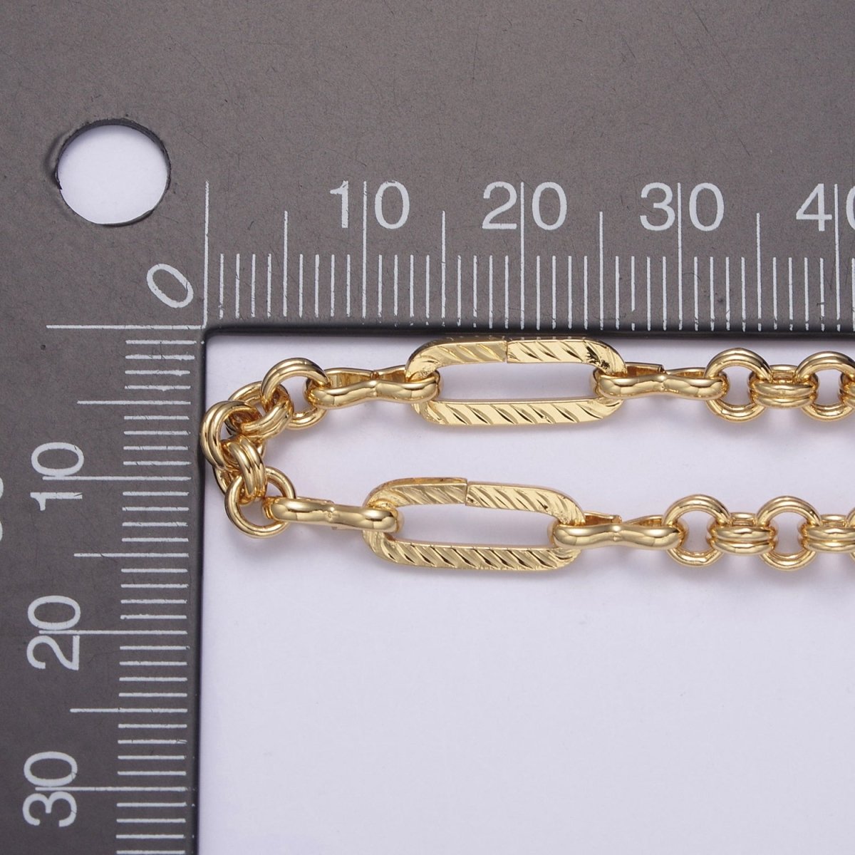24K Gold plated Figaro Long and Short Fancy Chain For Jewelry Making, 14X5.5mm Textured Paper Clip Chain with Figure Eight 8 & Double Rolo Link, Unfinished Chain For Jewelry Making | ROLL-653 Clearance Pricing - DLUXCA
