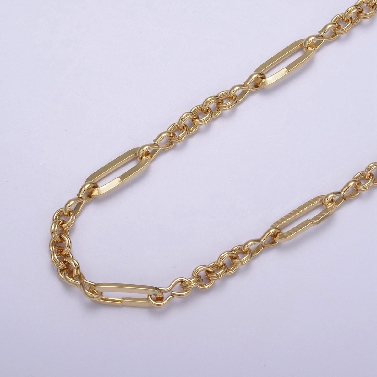 24K Gold plated Figaro Long and Short Fancy Chain For Jewelry Making, 14X5.5mm Textured Paper Clip Chain with Figure Eight 8 & Double Rolo Link, Unfinished Chain For Jewelry Making | ROLL-653 Clearance Pricing - DLUXCA