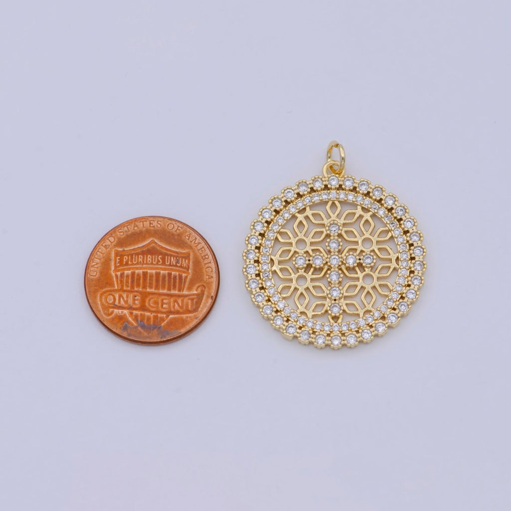 24K Gold plated Filigree Artisan Religious Cross Round Disc Charm N-920 - DLUXCA