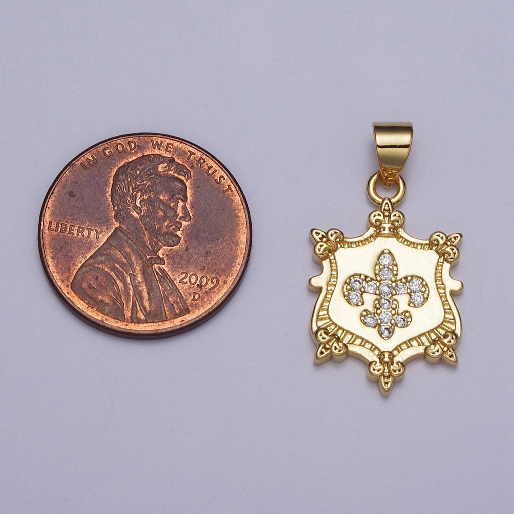 24K Gold plated Fleur De Lis Clear Micro Paved CZ Crest Shield Pendant | AA077 - DLUXCA
