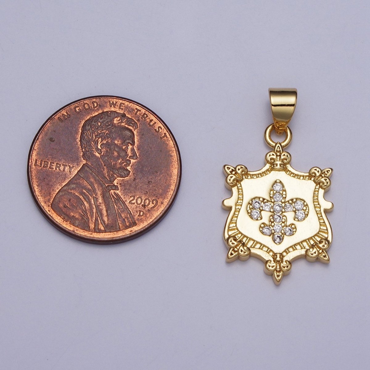 24K Gold plated Fleur De Lis Clear Micro Paved CZ Crest Shield Pendant | AA077 - DLUXCA