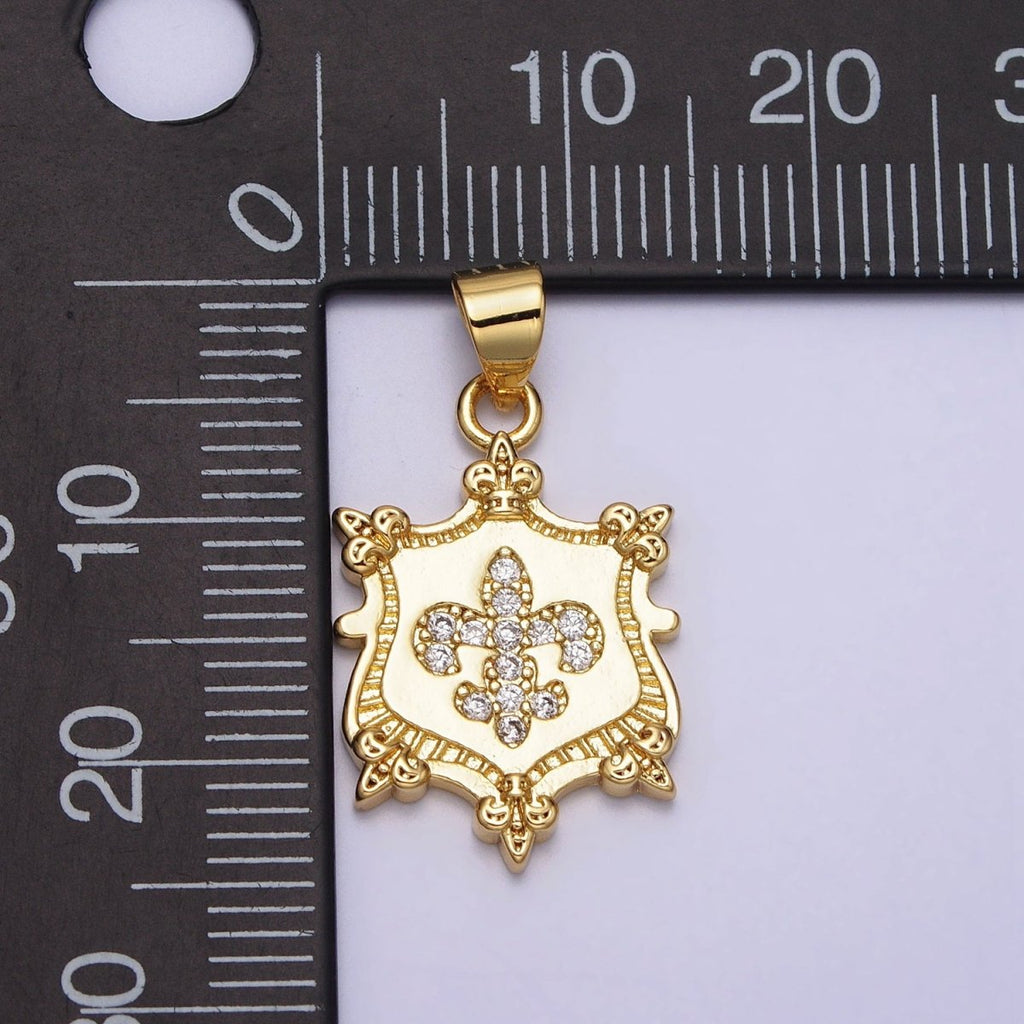 24K Gold plated Fleur De Lis Clear Micro Paved CZ Crest Shield Pendant | AA077 - DLUXCA