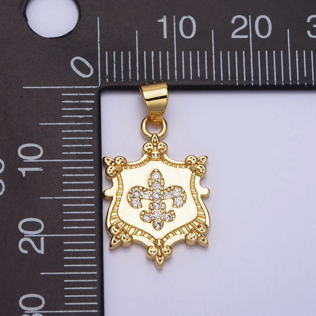24K Gold plated Fleur De Lis Clear Micro Paved CZ Crest Shield Pendant | AA077 - DLUXCA