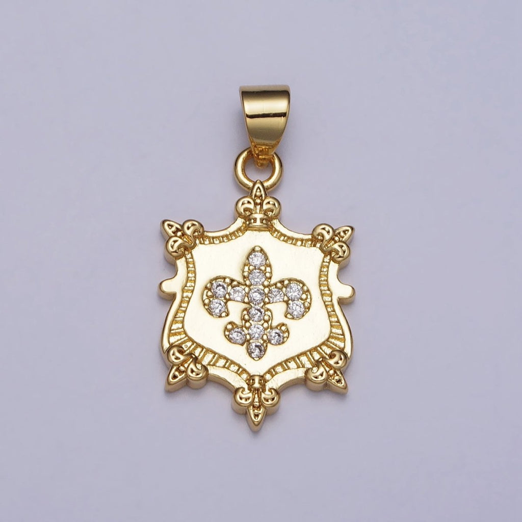 24K Gold plated Fleur De Lis Clear Micro Paved CZ Crest Shield Pendant | AA077 - DLUXCA