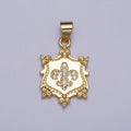 24K Gold plated Fleur De Lis Clear Micro Paved CZ Crest Shield Pendant | AA077 - DLUXCA
