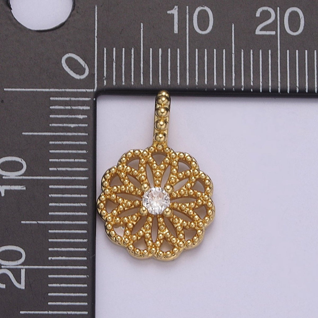 24K Gold plated Floral Beaded Pendant with Clear CZ in the center for Minimalist Jewelry I-893 - DLUXCA