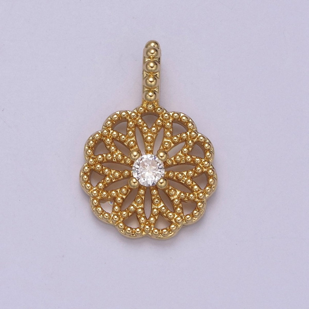 24K Gold plated Floral Beaded Pendant with Clear CZ in the center for Minimalist Jewelry I-893 - DLUXCA