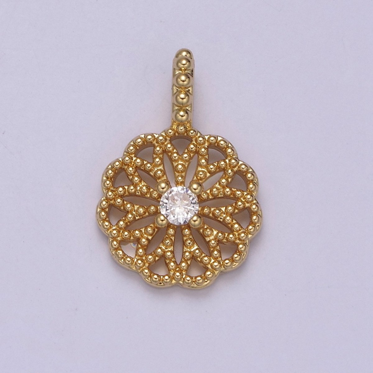 24K Gold plated Floral Beaded Pendant with Clear CZ in the center for Minimalist Jewelry I-893 - DLUXCA