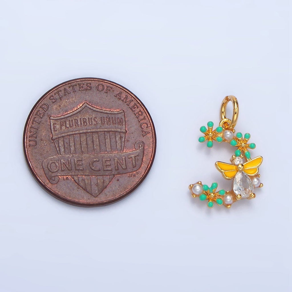 24K Gold plated Flower Bumble Bee CZ Enamel Charm | X605 - DLUXCA