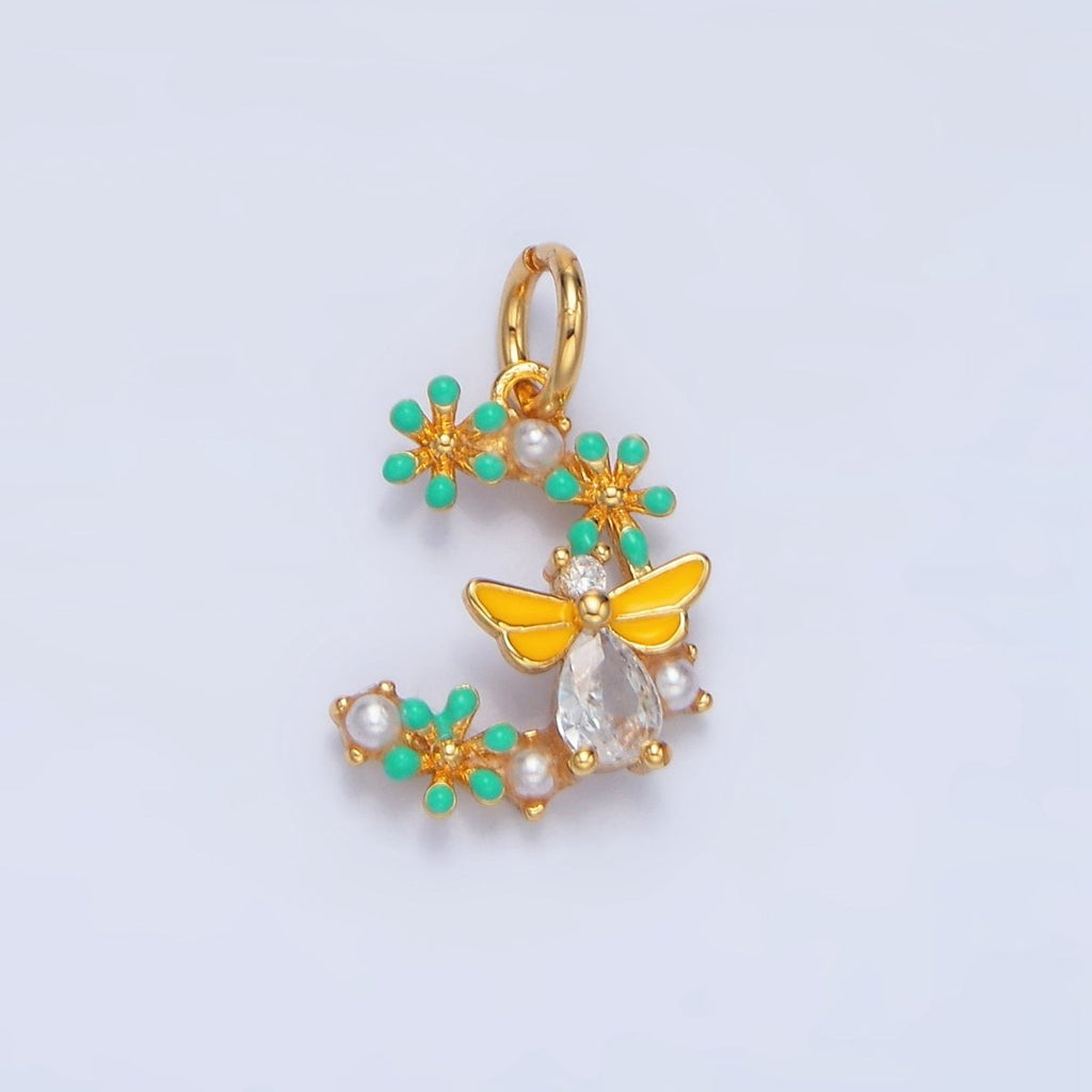 24K Gold plated Flower Bumble Bee CZ Enamel Charm | X605 - DLUXCA