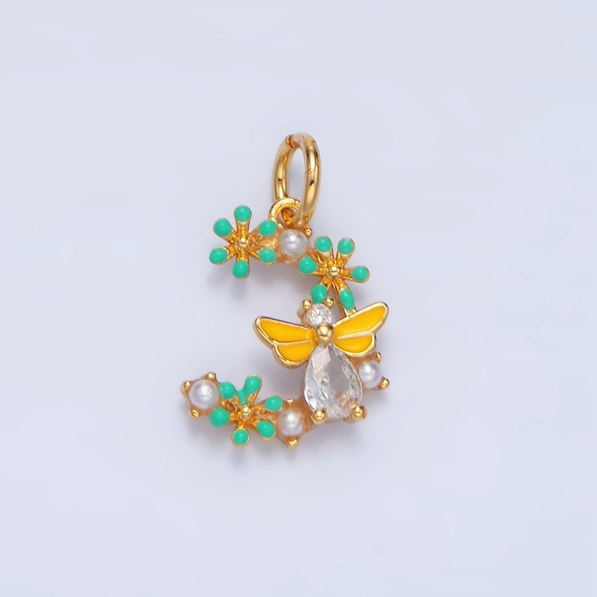24K Gold plated Flower Bumble Bee CZ Enamel Charm | X605 - DLUXCA