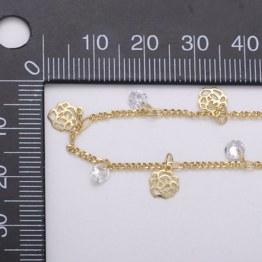 24K Gold plated Flower Charmed Cubic Chain by Yard, Flower CZ Charm Twisted Curb Chain by Yard | ROLL-322 Clearance Pricing - DLUXCA